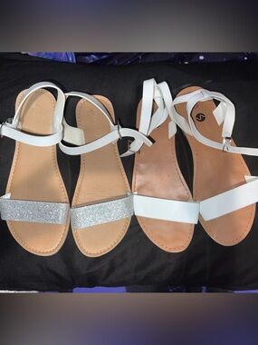 Women's White Ankle-Strap Sandals with Silver Glitter Band